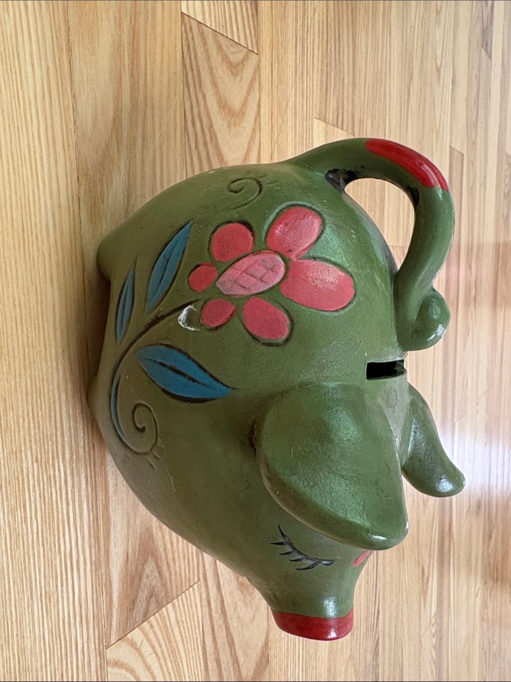 Vintage 1970s Groovy Green Floral Ceramic Piggy Bank Hand Painted Pink Daisies - Picture 2 of 9